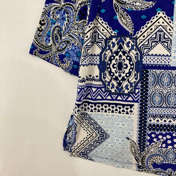 Chico's Travelers size 12/14 Blue Abstract Boho Slinky Knit 3/4 Sleeve Blouse - Picture 4 of 10
